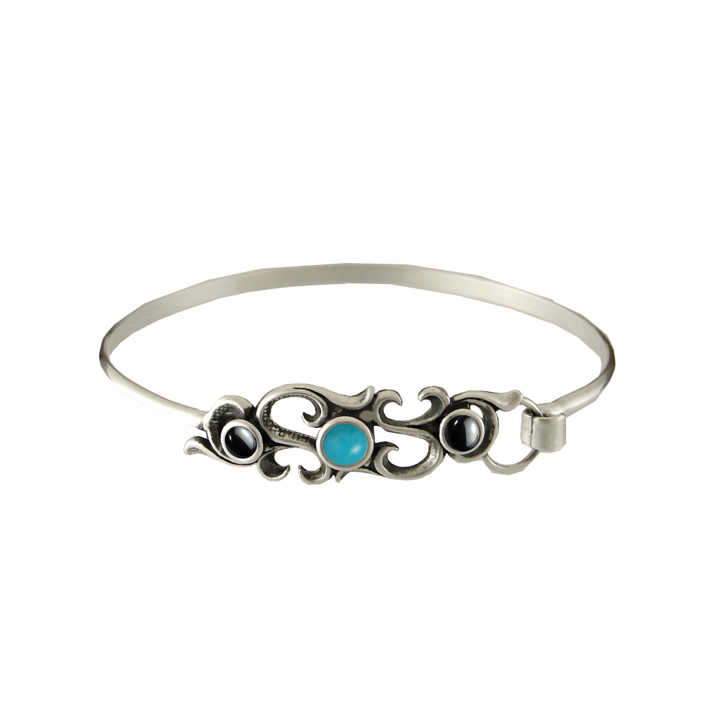 Sterling Silver Victorian Strap Latch Spring Hook Bangle Bracelet With Turquoise And Hematite